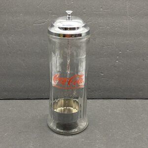 VTG 1992 Coca-Cola Glass Straw Dispenser Jar Chrome Lid Soda Fountain Diner Coke